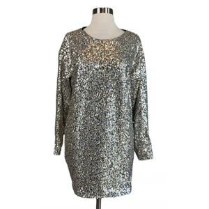 AQUA Sequined Long Sleeve Sparkly Mini Shift Cocktail Party Dress Silver Size 14